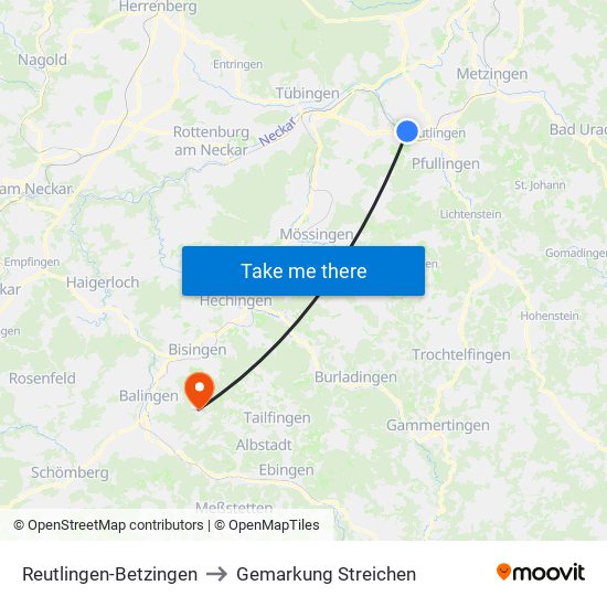 Reutlingen-Betzingen to Gemarkung Streichen map