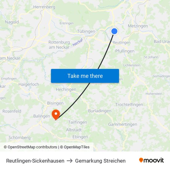 Reutlingen-Sickenhausen to Gemarkung Streichen map