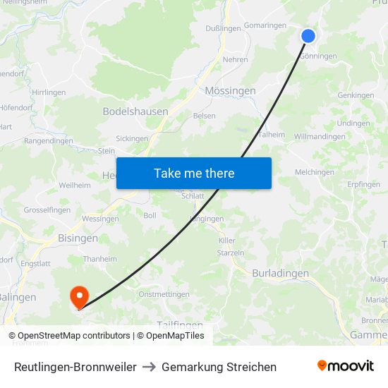 Reutlingen-Bronnweiler to Gemarkung Streichen map