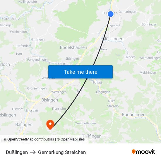 Dußlingen to Gemarkung Streichen map