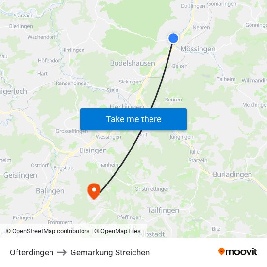 Ofterdingen to Gemarkung Streichen map