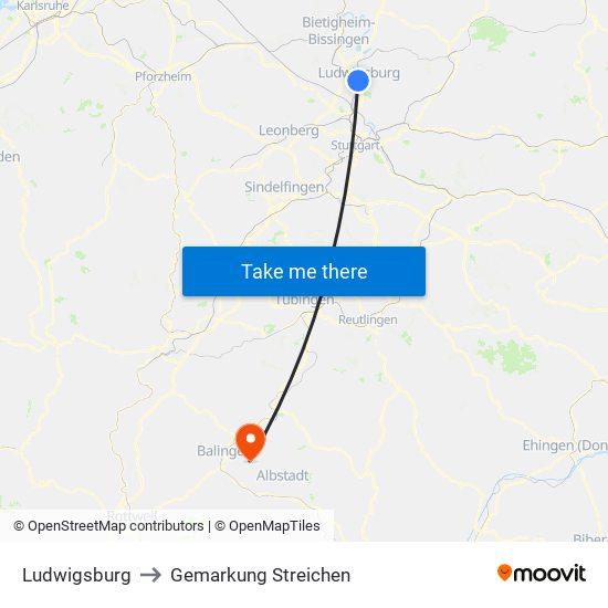 Ludwigsburg to Gemarkung Streichen map