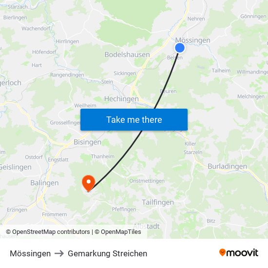 Mössingen to Gemarkung Streichen map