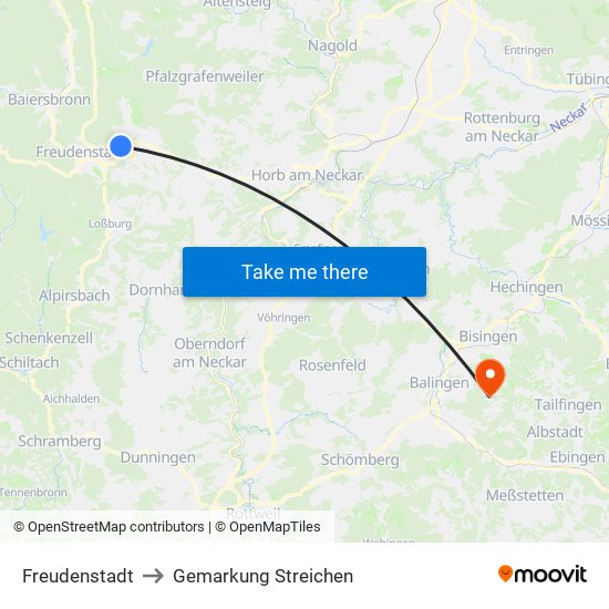 Freudenstadt to Gemarkung Streichen map