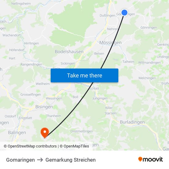 Gomaringen to Gemarkung Streichen map