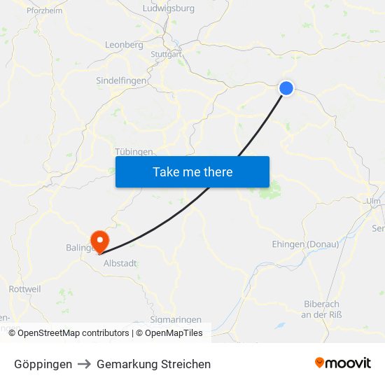 Göppingen to Gemarkung Streichen map