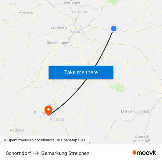 Schorndorf to Gemarkung Streichen map