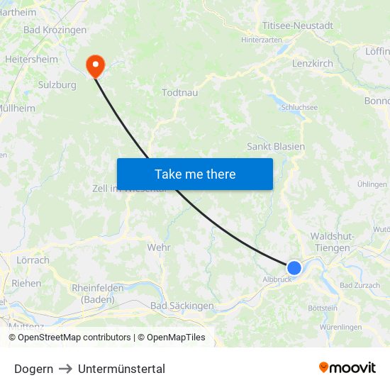 Dogern to Untermünstertal map