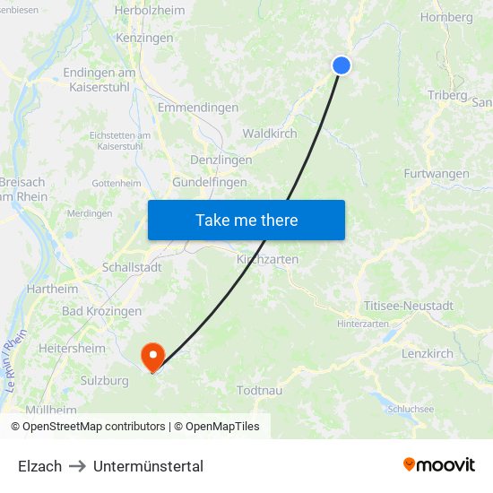 Elzach to Untermünstertal map