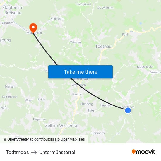 Todtmoos to Untermünstertal map