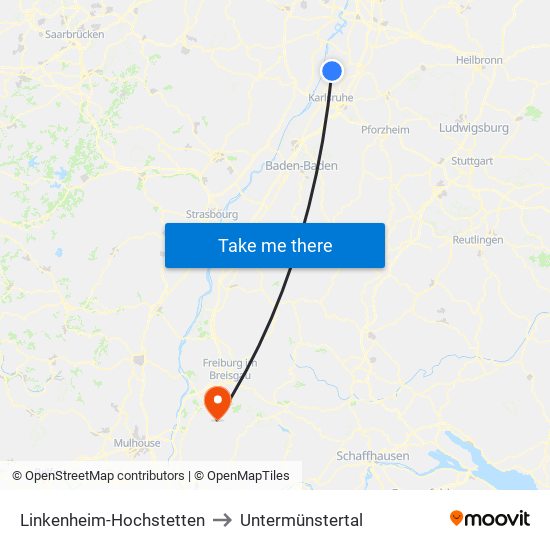 Linkenheim-Hochstetten to Untermünstertal map