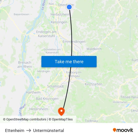 Ettenheim to Untermünstertal map