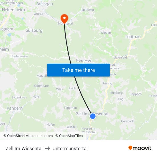 Zell Im Wiesental to Untermünstertal map