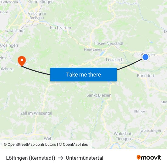 Löffingen (Kernstadt) to Untermünstertal map