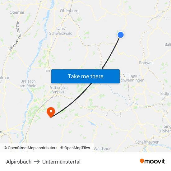 Alpirsbach to Untermünstertal map