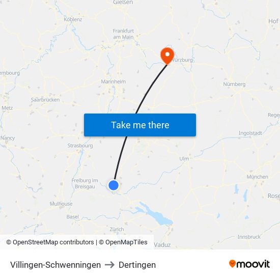 Villingen-Schwenningen to Dertingen map