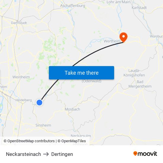 Neckarsteinach to Dertingen map