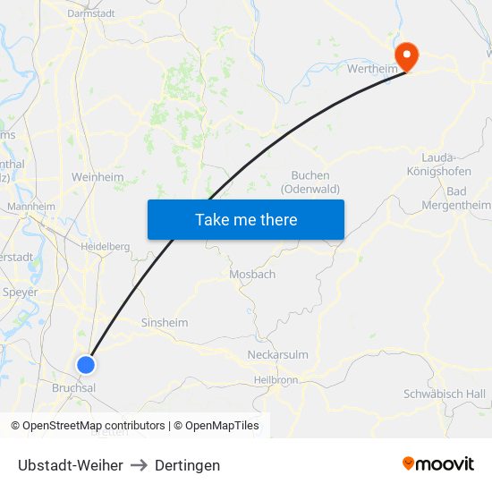 Ubstadt-Weiher to Dertingen map
