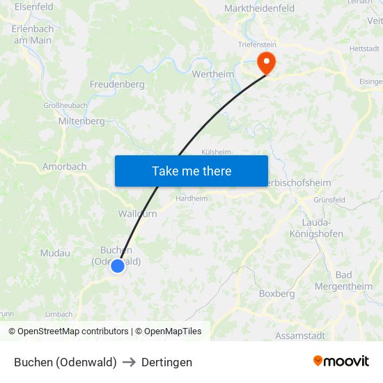 Buchen (Odenwald) to Dertingen map