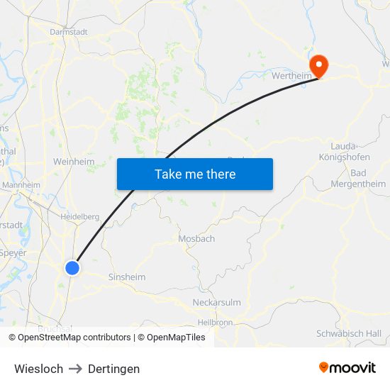 Wiesloch to Dertingen map