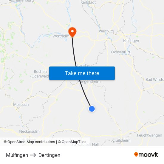 Mulfingen to Dertingen map