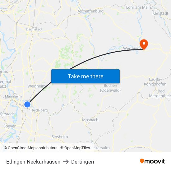 Edingen-Neckarhausen to Dertingen map