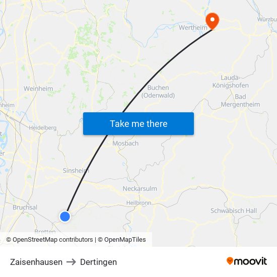 Zaisenhausen to Dertingen map