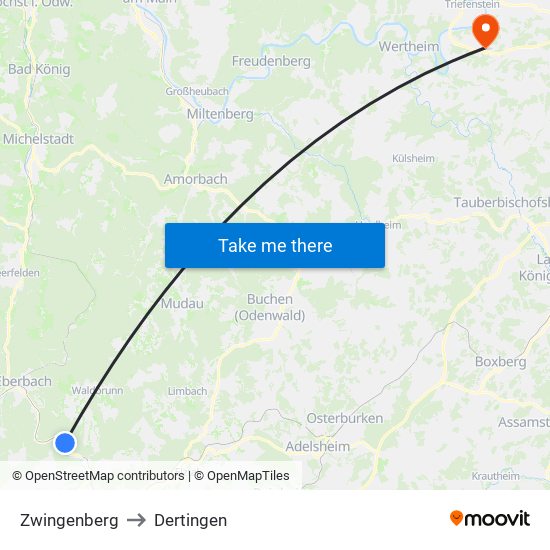 Zwingenberg to Dertingen map