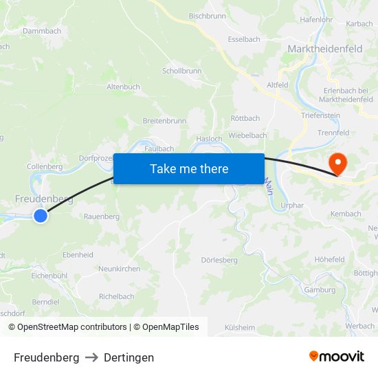 Freudenberg to Dertingen map