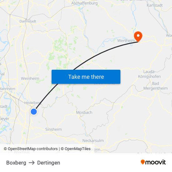 Boxberg to Dertingen map