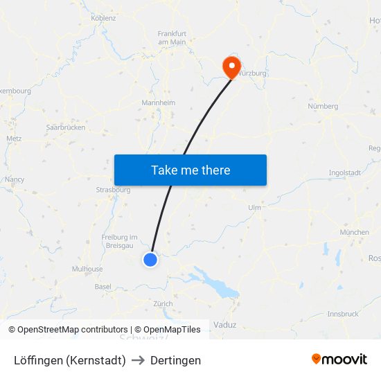 Löffingen (Kernstadt) to Dertingen map