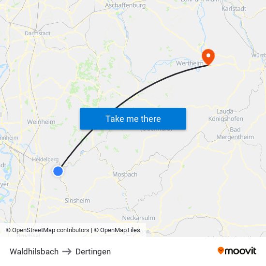 Waldhilsbach to Dertingen map