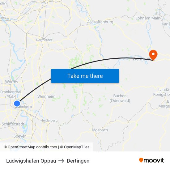 Ludwigshafen-Oppau to Dertingen map