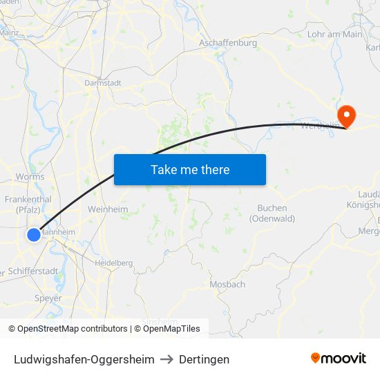 Ludwigshafen-Oggersheim to Dertingen map