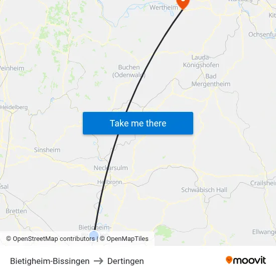 Bietigheim-Bissingen to Dertingen map