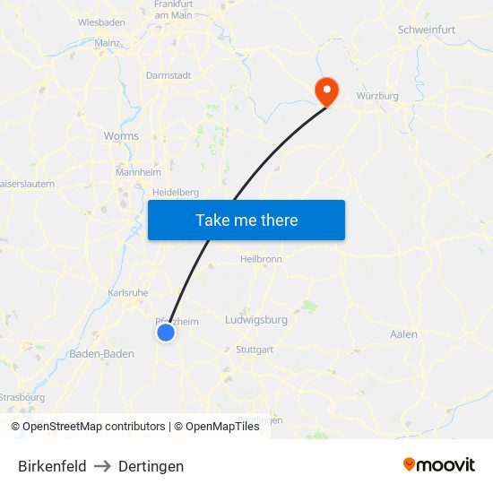 Birkenfeld to Dertingen map