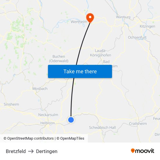 Bretzfeld to Dertingen map