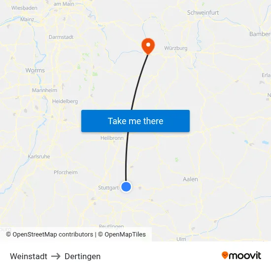 Weinstadt to Dertingen map