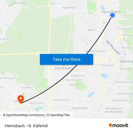 Hemsbach to Käfertal map