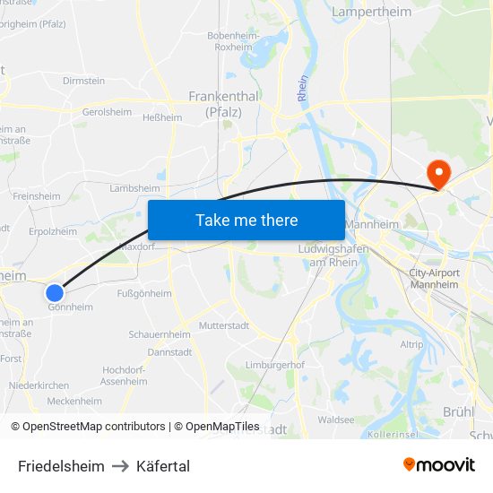 Friedelsheim to Käfertal map