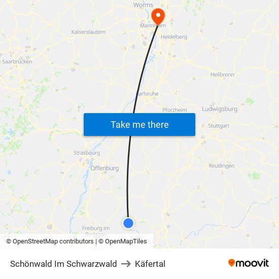 Schönwald Im Schwarzwald to Käfertal map
