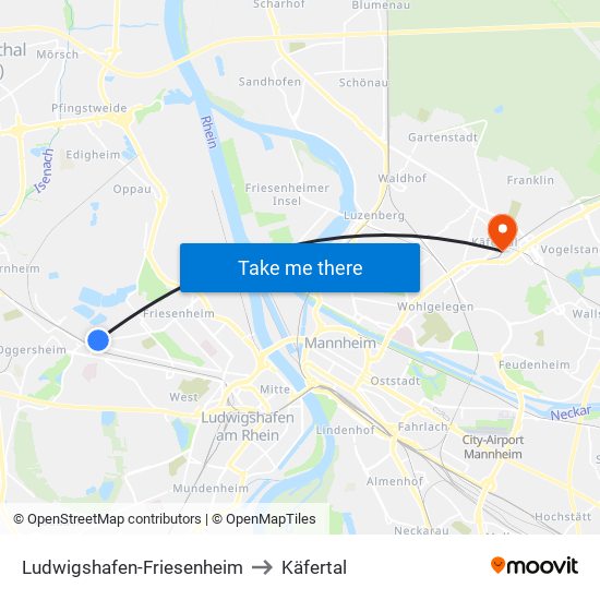 Ludwigshafen-Friesenheim to Käfertal map