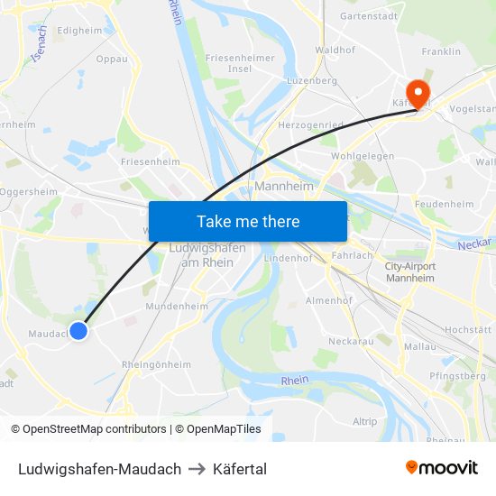 Ludwigshafen-Maudach to Käfertal map