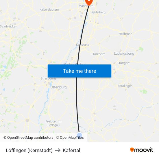 Löffingen (Kernstadt) to Käfertal map