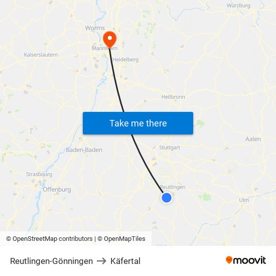 Reutlingen-Gönningen to Käfertal map