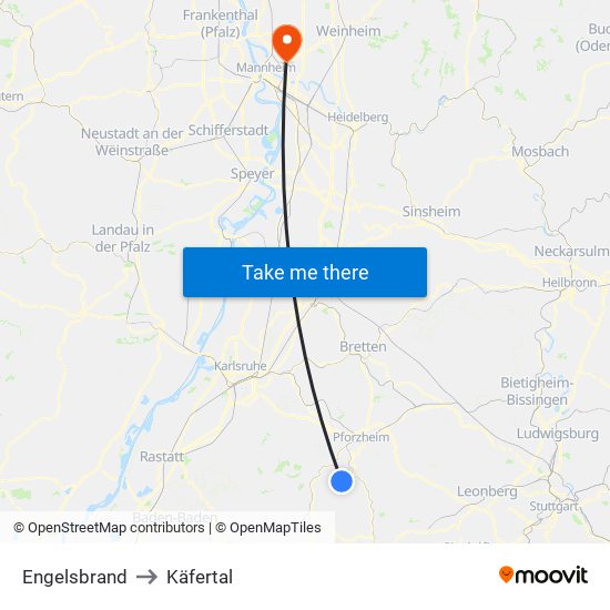 Engelsbrand to Käfertal map