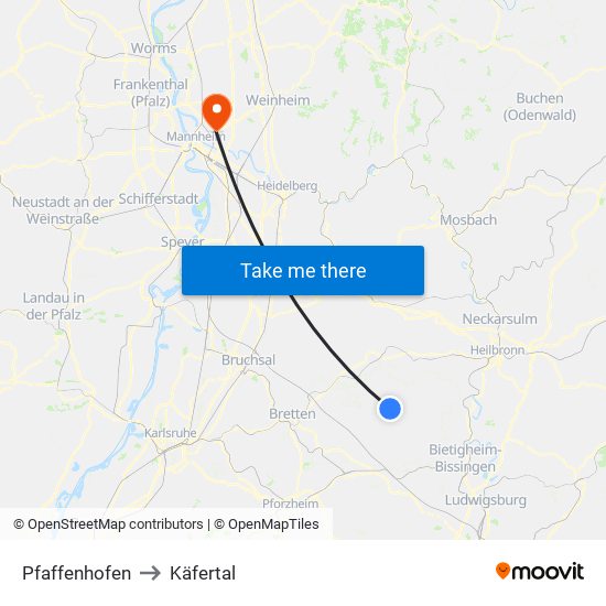 Pfaffenhofen to Käfertal map