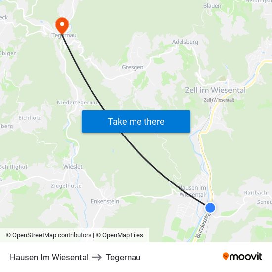 Hausen Im Wiesental to Tegernau map