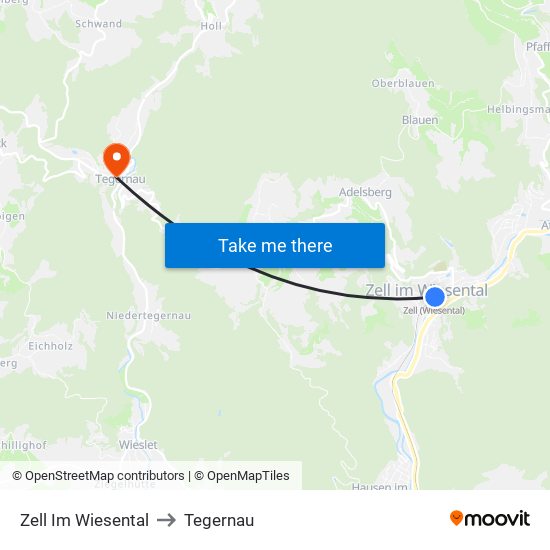 Zell Im Wiesental to Tegernau map