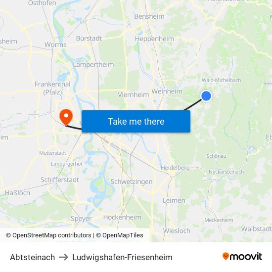 Abtsteinach to Ludwigshafen-Friesenheim map